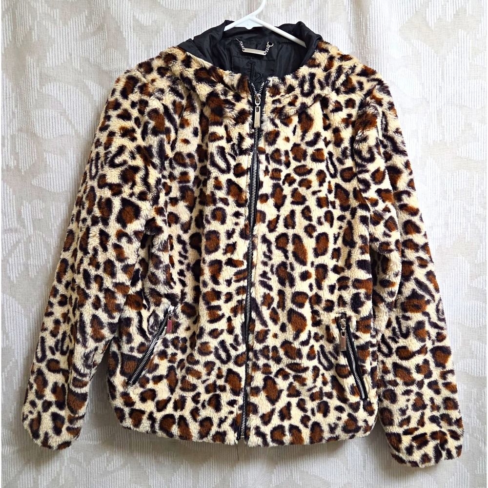 J2 Jou Jou L Hooded Leopard Plush Faux Fur Lined Jacket Glam Rock Mob Wife Cozy